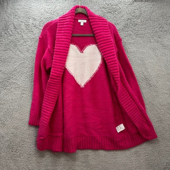 Charter Club Large Pink Open Front Cardigan White Heart on Back Fun Casual Cozy - Picture 9 of 10